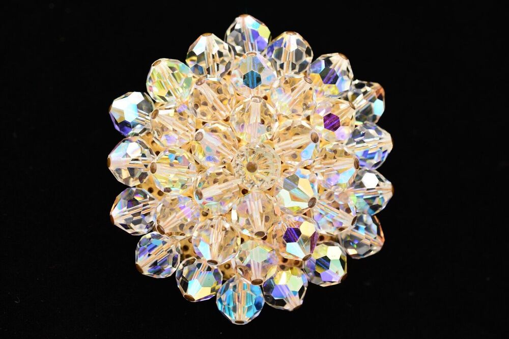 Vintage Crystal Pin Brooch Aurora Borealis Cluster Glass Sparkling 1980s BinAC